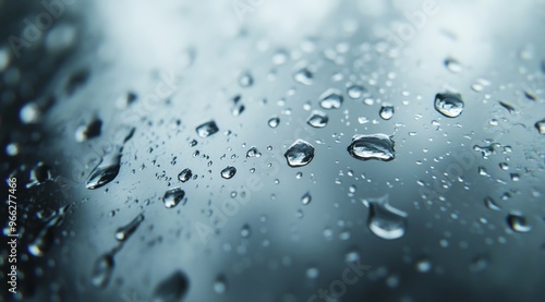 Close-up of raindrops on a glass surface during a rainy afternoon in a quiet ...