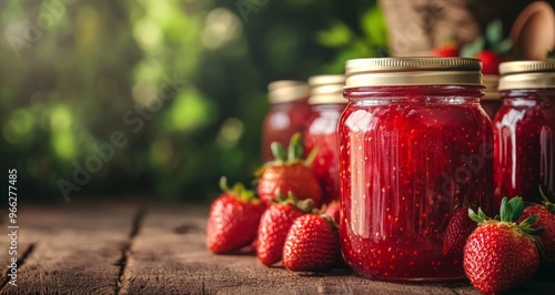 Freshly made strawberry jam in jars with strawberries on rustic wooden table ...