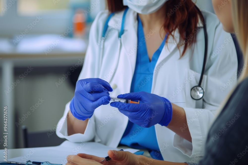Doctor endocrinologist in medical gloves holds insulin injection syringe for diabetes patient during medical consultation and examination in hospital. Healthcare and chronic disease treatment Doctor e Doctor endocrinologist in medical gloves holds insulin injection syringe for diabetes patient during medical consultation and examination in hospital. Healthcare and chronic disease treatment Doctor e