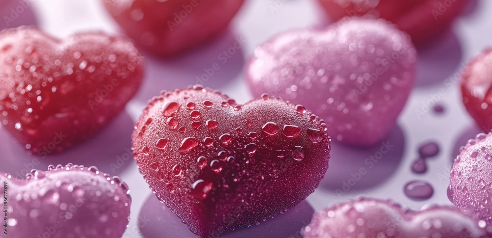 Colorful heart-shaped candies with droplets on a smooth surface in a soft lighting setup Colorful heart-shaped candies with droplets on a smooth surface in a soft lighting setup