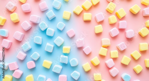 Colorful pastel sugar cubes scattered on a pink background create a playful, ...