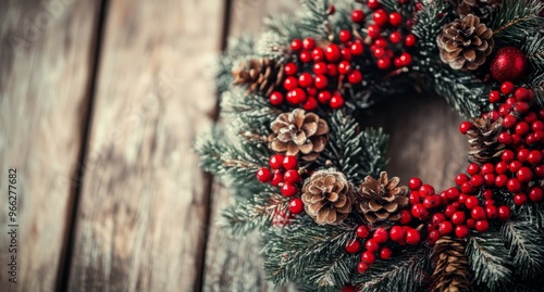 Festive holiday wreath adorned with red berries and pinecones on rustic woode...