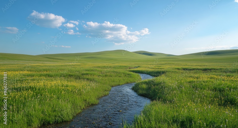 Lush green meadow with white flowers beside a flowing river under a cloudy sky in spring Lush green meadow with white flowers beside a flowing river under a cloudy sky in spring