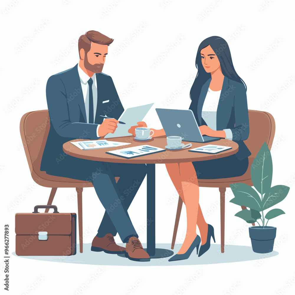 Partners meeting for business discussion with documents and laptop on desk. Couple at round table, speaking, discussing work, partnership. Flat vector illustration isolated on white background Partners meeting for business discussion with documents and laptop on desk. Couple at round table, speaking, discussing work, partnership. Flat vector illustration isolated on white background