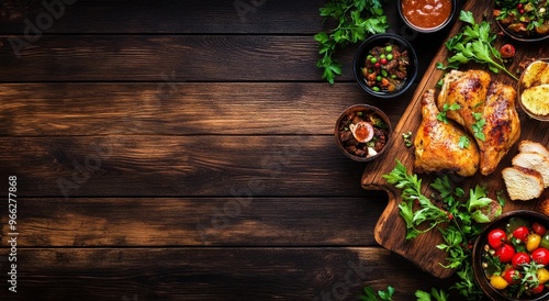 Festive dinner setting with roast chicken, sides, and decorations on a wooden...