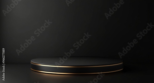Minimalist circular pedestal with illuminated edge in a darkened studio envir...