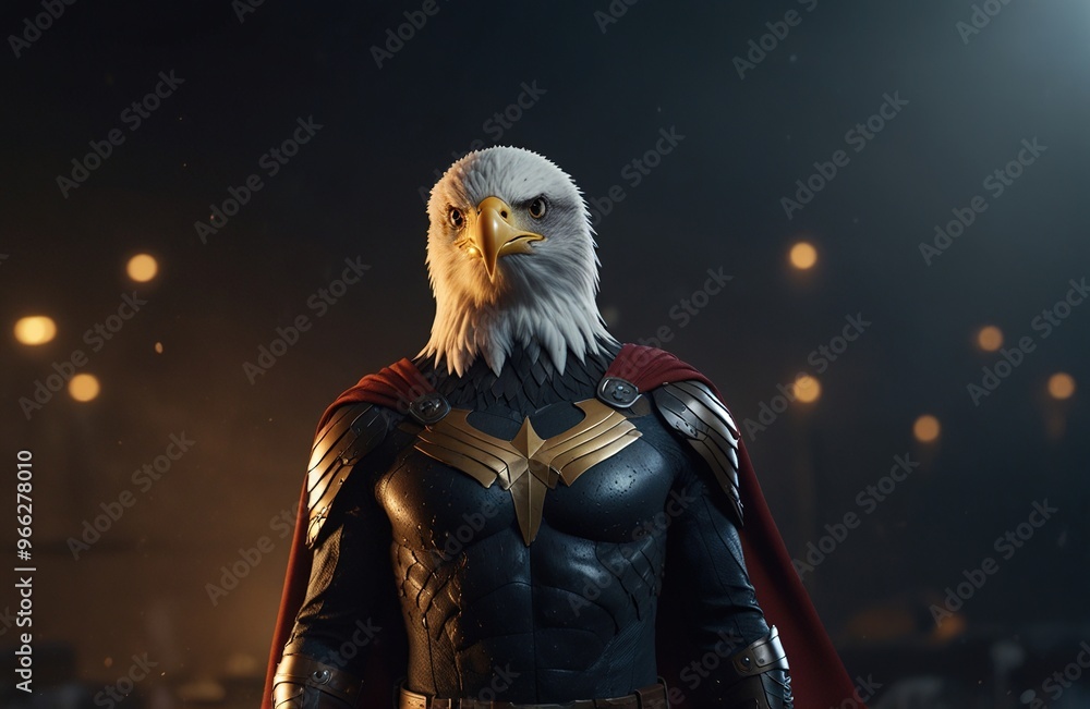Fototapeta premium A majestic superhero with an eagle's head stands ready for action in a dark, urban setting, embodying courage and strength