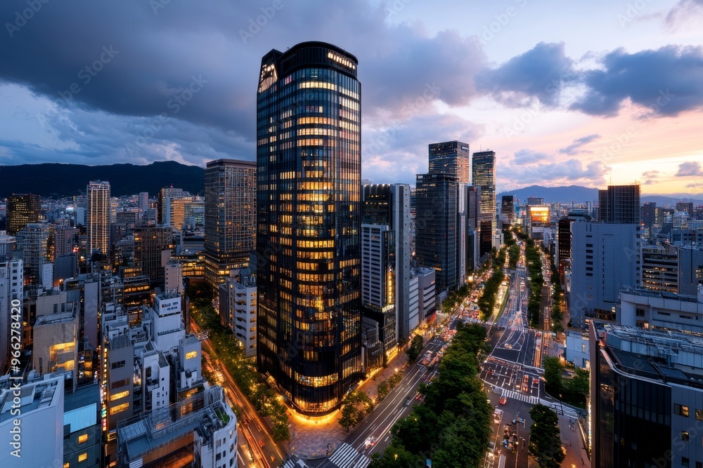 Fototapeta premium Osaka cityscape captured at twilight, where the last light of the day glows softly on the buildings before the city comes alive with neon lights