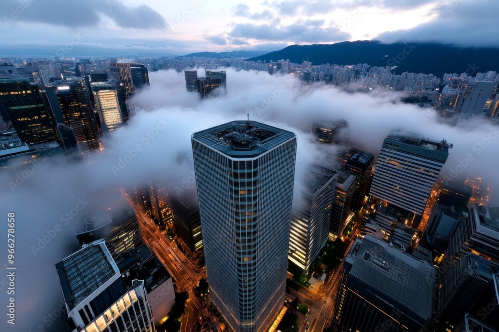 Obraz premium Osaka cityscape in the fog, where the tops of skyscrapers disappear into the mist, creating a moody and mysterious atmosphere