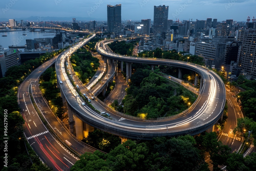 Naklejka premium Osaka's dense network of highways and bridges, weaving through the city like a complex web of concrete and steel