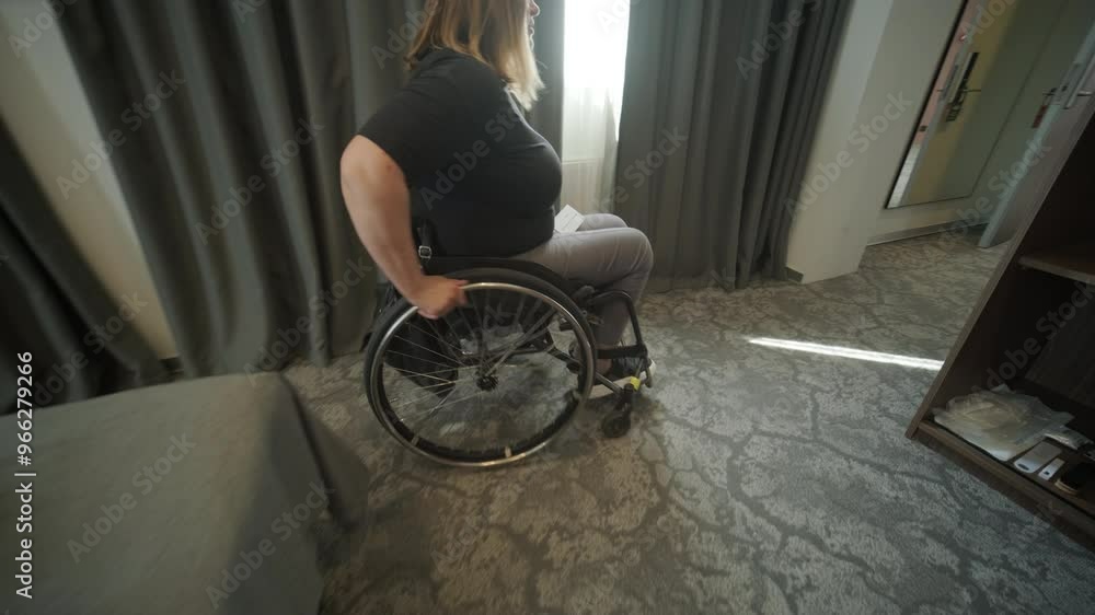 A woman in a wheelchair navigates through a hotel room, highlighting accessible accommodations and inclusive design. The image emphasizes mobility, independence, and modern hospitality infrastructure.