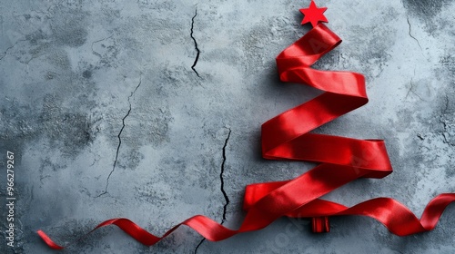 A decorative red ribbon forming a Christmas tree shape on a textured gray bac...