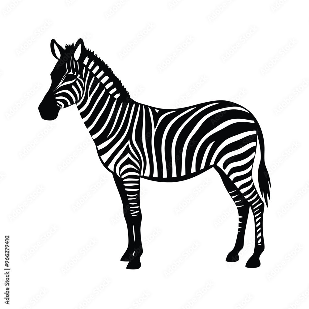 Fototapeta premium A standing zebra vector illustration clipart, black color silhouette, white background 