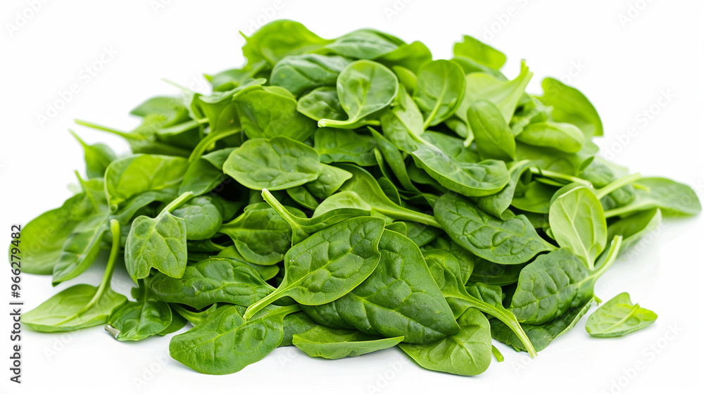 Green leafy spinach piled up on a bright white background, with individual leaves clearly visible. Green leafy spinach piled up on a bright white background, with individual leaves clearly visible.