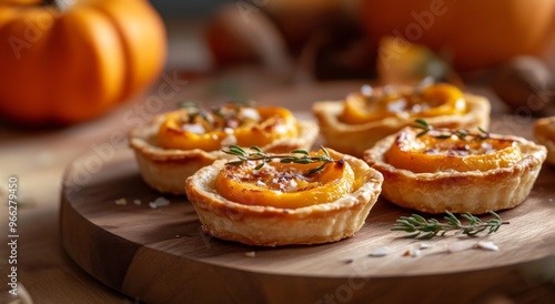 Wallpaper Mural Delicious mini pumpkin tarts with nuts on a wooden serving board among autumn decor Torontodigital.ca