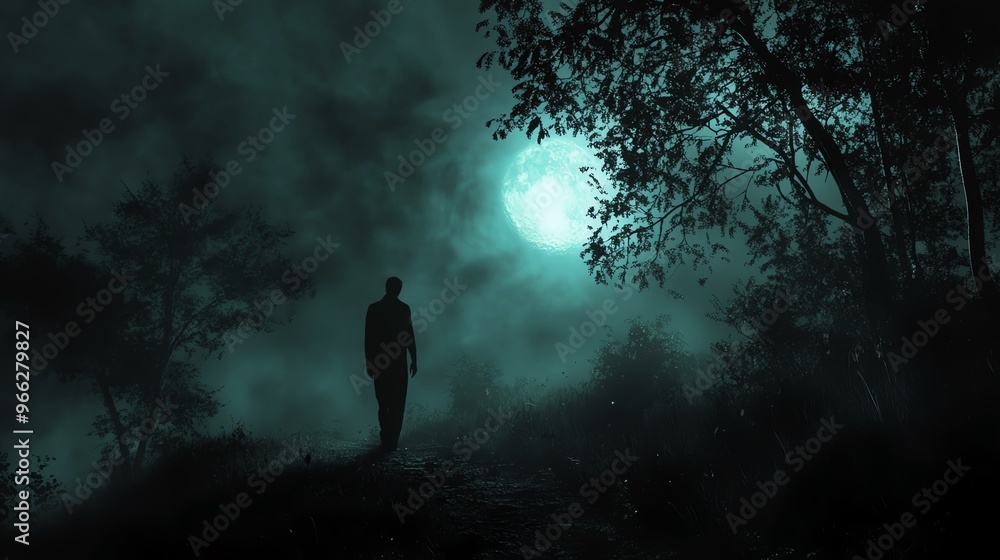 A solitary figure walks through a misty forest under a full moon, evoking feelings of mystery and solitude. A solitary figure walks through a misty forest under a full moon, evoking feelings of mystery and solitude.