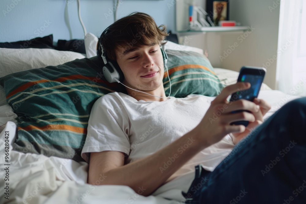 Portrait of a Young Cheerful Man Lying on His Bed Listening to Music and Using His Smart Phone Portrait of a handsome young man lying on the bed in his bedroom. He is wearing Bluetooth headphones and Portrait of a Young Cheerful Man Lying on His Bed Listening to Music and Using His Smart Phone Portrait of a handsome young man lying on the bed in his bedroom. He is wearing Bluetooth headphones and
