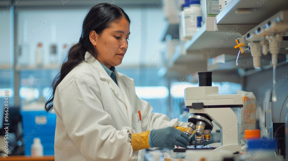 Indigenous scientist in a lab coat, analyzing samples in a high-tech laboratory setting. Indigenous scientist in a lab coat, analyzing samples in a high-tech laboratory setting.