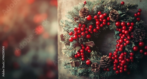 Festive holiday wreath adorned with red berries and pinecones on rustic woode...