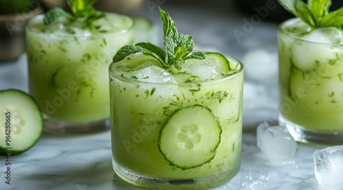 Refreshing cucumber mint smoothie served in glasses over ice with fresh ingre...