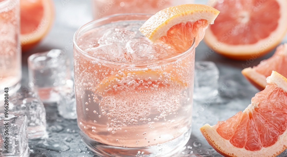 Refreshing summer grapefruit cocktails served over ice with fresh fruit garnish Refreshing summer grapefruit cocktails served over ice with fresh fruit garnish