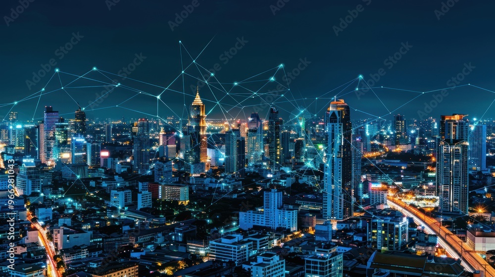 custom made wallpaper toronto digitalUrban Skyline at Night with Network Connections
