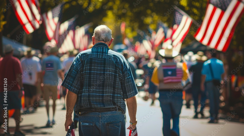 Obraz premium Memorial Day parade with veterans, American flags, and patriotic banners on a sunny street.