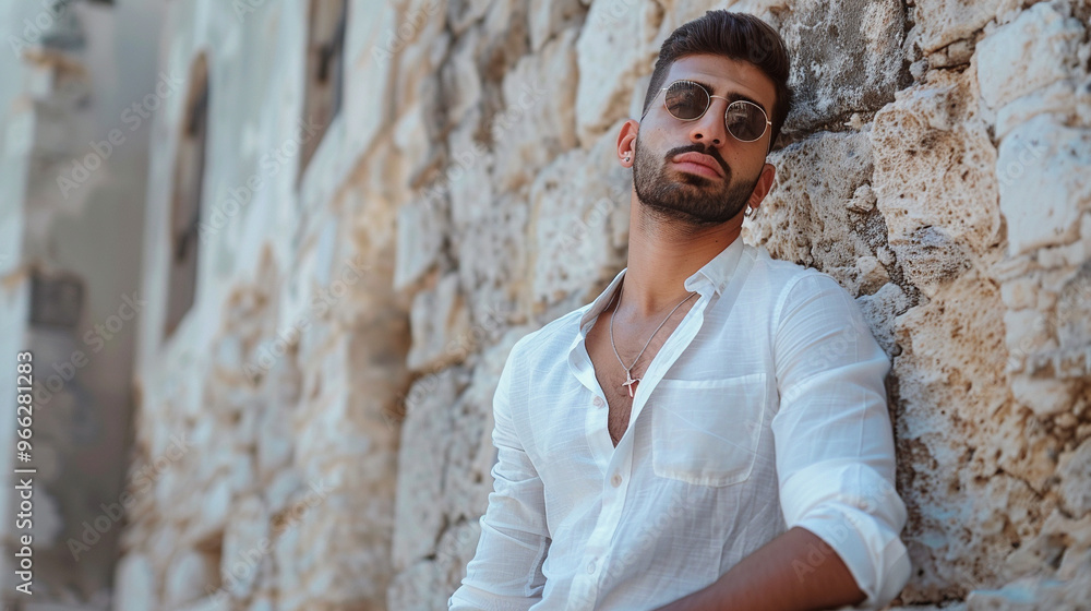Middle Eastern man in casual chic clothing, leaning against a stone wall, giving off a relaxed yet stylish vibe. Middle Eastern man in casual chic clothing, leaning against a stone wall, giving off a relaxed yet stylish vibe.