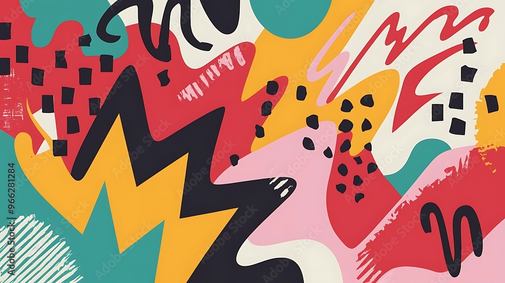 Fototapeta premium Vibrant abstract illustration with a lively composition of brush strokes, splatters, and doodles. The colorful palette includes blues, reds, pinks, and yellows