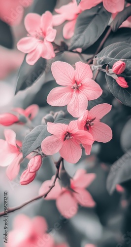 Delicate pink cherry blossoms blooming on branches in a serene garden during ...