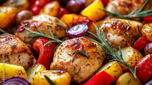 Delicious roasted chicken and colorful vegetables on a baking tray in a cozy kitchen