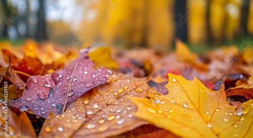 Vibrant autumn leaves glistening with morning dew in a serene forest landscape