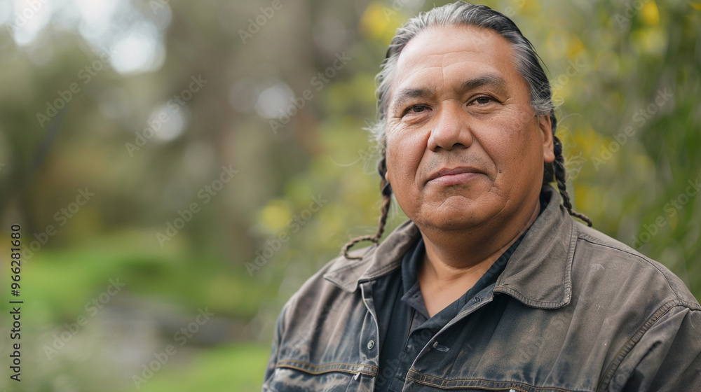 Middle-aged Indigenous man in a casual jacket, standing in nature with a strong, grounded presence Middle-aged Indigenous man in a casual jacket, standing in nature with a strong, grounded presence