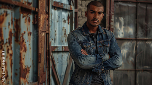 Mixed-race man in denim and leather, posing with arms crossed in front of a rustic, industrial backdrop, exuding toughness.