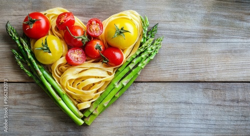 Fresh vegetables and pasta arranged in a heart shape on a wooden table for a ...