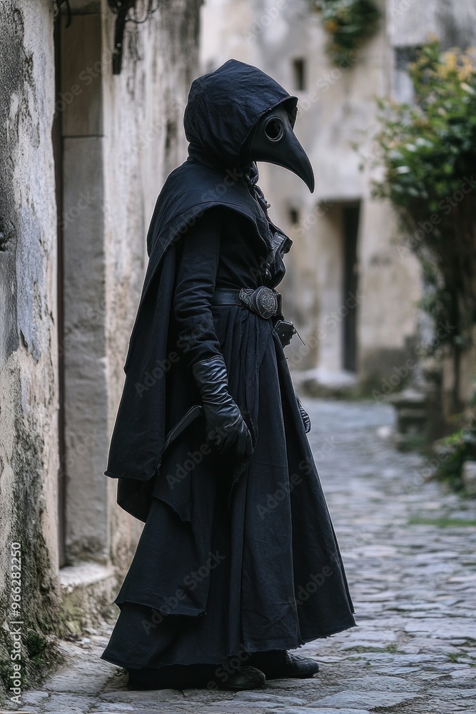 A figure in a dark cloak and beaked mask stands in a narrow, cobblestone alley. A figure in a dark cloak and beaked mask stands in a narrow, cobblestone alley.