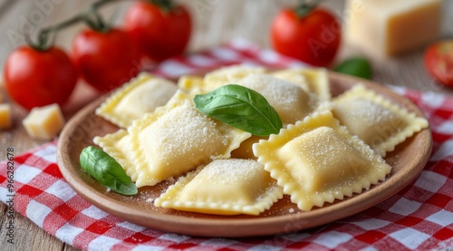 Homemade ravioli with basil and tomatoes arranged on a plate in a rustic kitc...