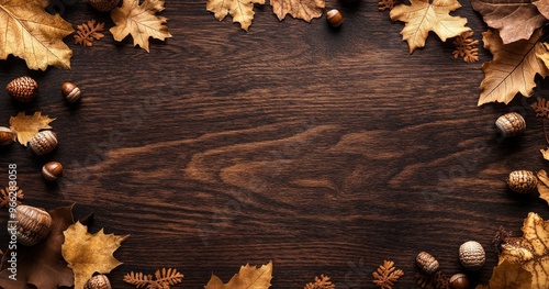Autumn leaves and acorns arranged on a rustic wooden table creating a seasona...