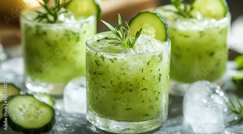 Refreshing cucumber mint smoothie served in glasses over ice with fresh ingre...