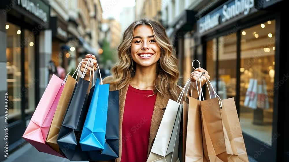 A cheerful young woman smiles broadly as she strolls through a lively city street, carrying several shopping bags filled with her latest finds. The warm sunshine adds to her joyful experience. A cheerful young woman smiles broadly as she strolls through a lively city street, carrying several shopping bags filled with her latest finds. The warm sunshine adds to her joyful experience.