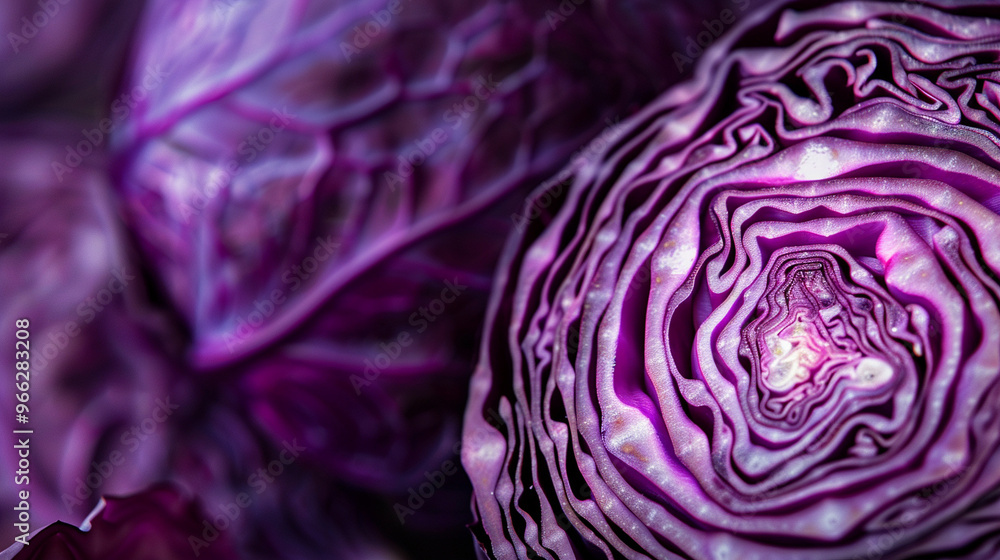Purple cabbage cut in half, revealing intricate layers inside, with the vibrant color emphasized by soft lighting. Purple cabbage cut in half, revealing intricate layers inside, with the vibrant color emphasized by soft lighting.