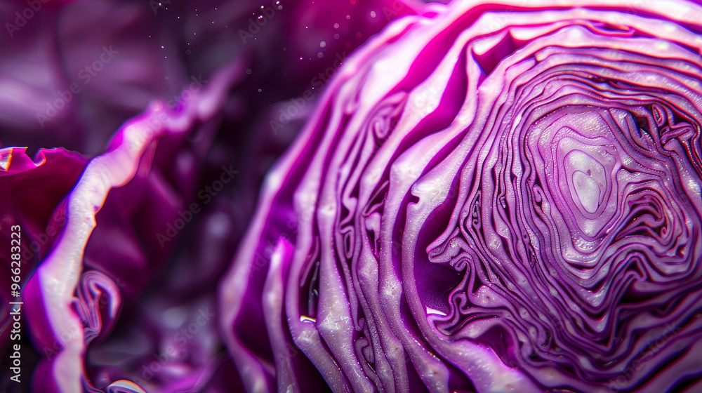 Obraz premium Purple cabbage cut in half, revealing intricate layers inside, with the vibrant color emphasized by soft lighting.