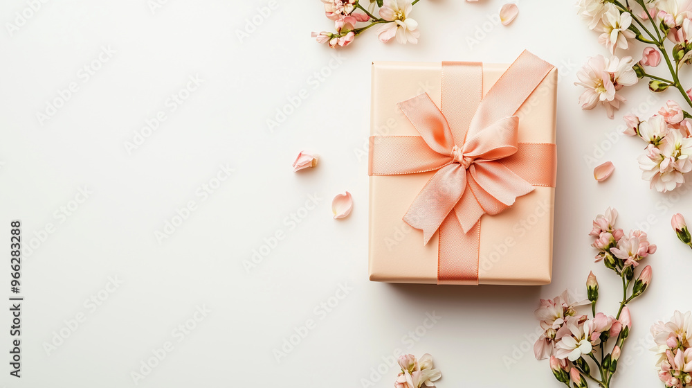 Delicate old-rose color gift box surrounded by soft pink carnation flowers on a soft pastel background. Generative AI. Delicate old-rose color gift box surrounded by soft pink carnation flowers on a soft pastel background. Generative AI.