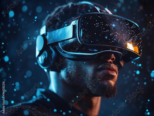 Immersive VR headset user captured in blue ambiance photo