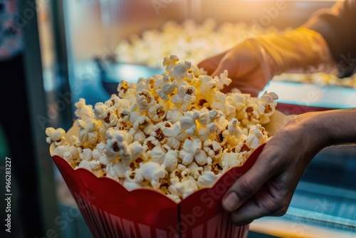Close-up serving popcorn at a concession stand at the cinema Close-up on a woman serving popcorn at a concession stand at the cinema