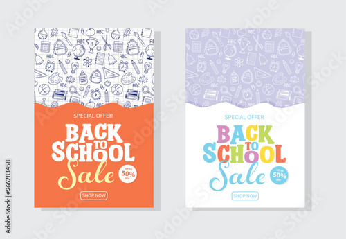 Set with Back to School Sale cards with hand drawn icons. Vector illustration