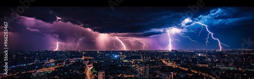 Fierce Lightning Storm Over City with Purple Hue