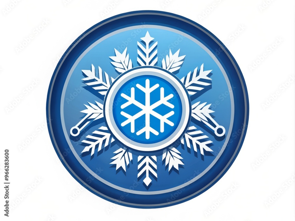 Stylized, modern snowflake-inspired emblem with bold blue and white graphics, surrounded by circular shape, evoking a Stylized, modern snowflake-inspired emblem with bold blue and white graphics, surrounded by circular shape, evoking a