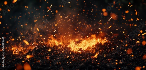 Dynamic orange flames and glowing embers captivating the dark ground at dusk