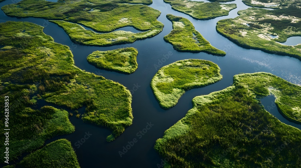 13. A picturesque river delta with winding channels and lush wetlands teeming with birdlife 13. A picturesque river delta with winding channels and lush wetlands teeming with birdlife